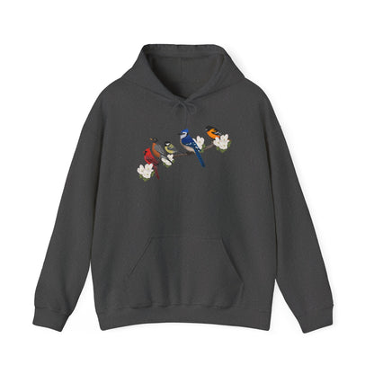 Backyard Birds on a Branch Blue Jay Cardinal Robin Chickadee Oriole Birdwatcher Hoodie