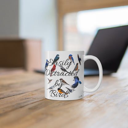 Easily Distracted by Birds Robin Blue Jay Cardinal Backyard Birds Ceramic Mug White