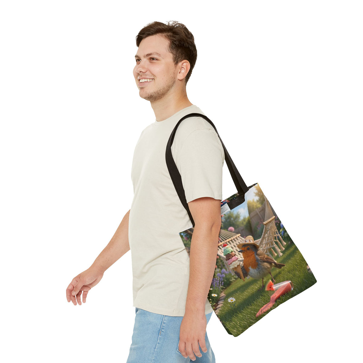 Premium Tragetasche Rosi Rotkehlchen und das Riesen-Eis im Garten (40 x 40 cm)