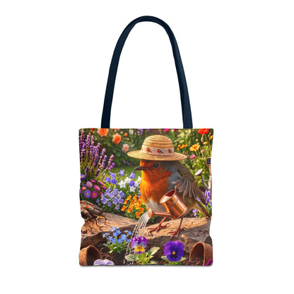 Niedliche Rotkehlchen Stofftasche beim Blumen gießen | Gemütlicher Garten-Shopper