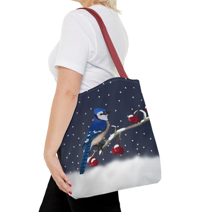 Blue Jay on a Winter Branch Christmas Bird Tote Bag 16"x16"