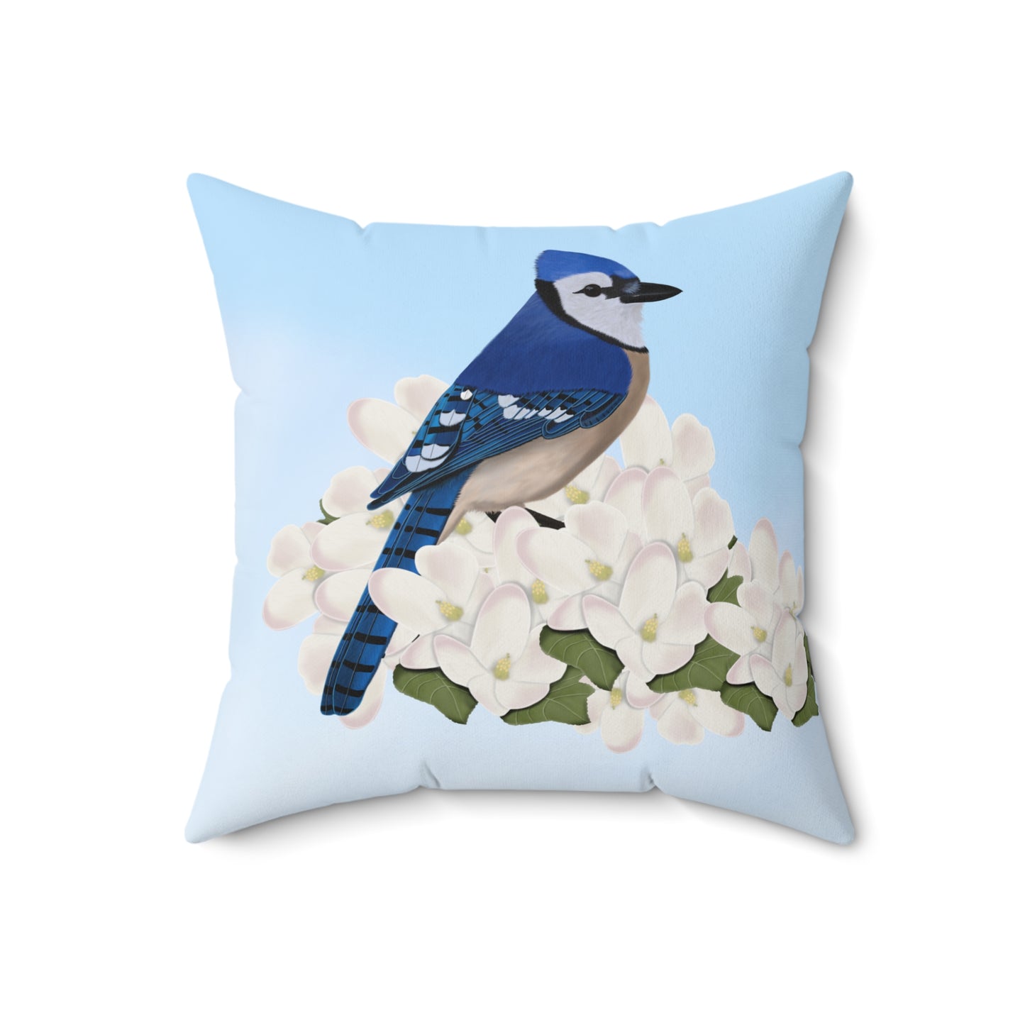 Blue Jay and Apple Blossoms Bird Throw Pillow 18"x18"