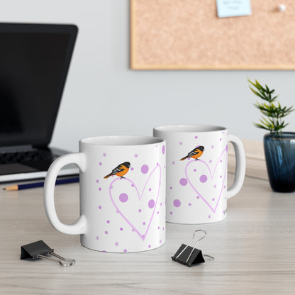 Baltimore Oriole Valentine's Day Bird Mug 11oz Pink Heart