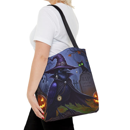 Halloween Crow Tote Bag: Purple Cape & Witch Hat | 16"x16" Polyester | Bird Decor Accessory