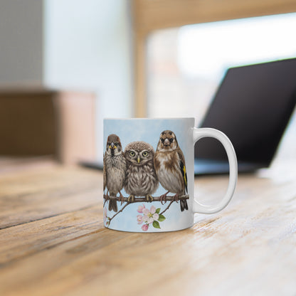 Amsel Rotkehlchen Eule Ästlinge Premium Keramiktasse | Geschenk für Vogelbeobachter