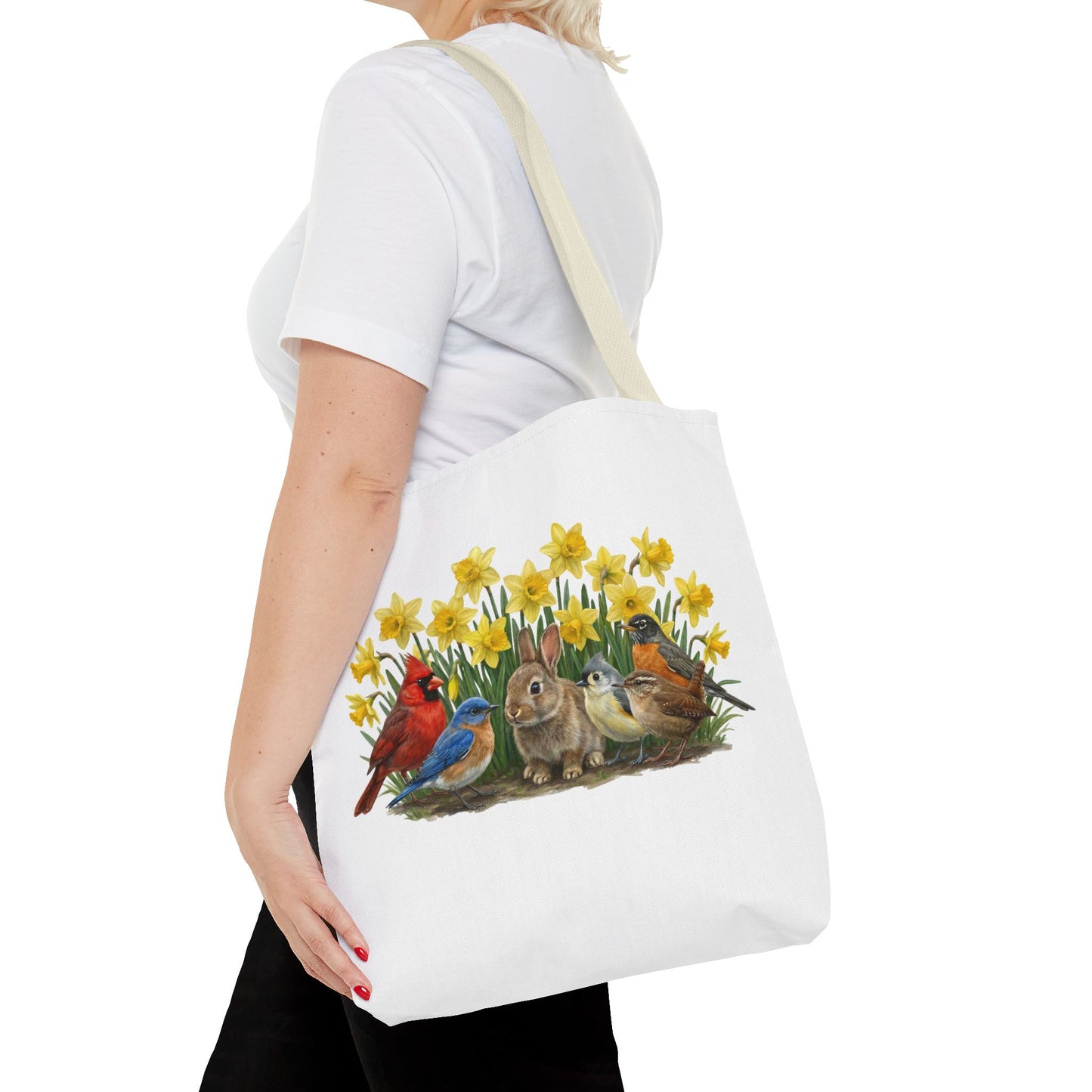 Spring Tote Bag – Cardinal, Bluebird & Bunny | Reusable Easter Basket & Market Shopper (16"x16")