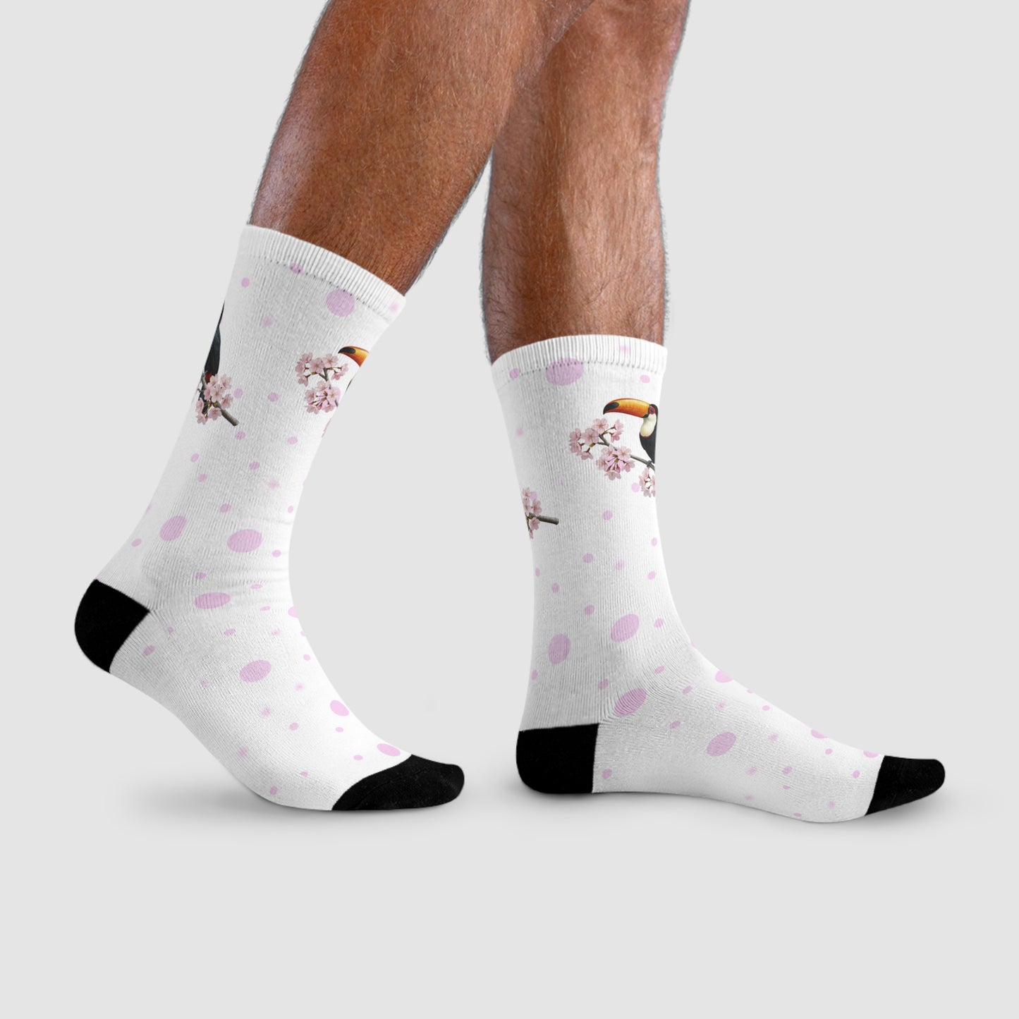 Tukan Socken mit Kirschblüten | Weiß Rosa gepunktete Vogelmotiv Strümpfe – Accessories,