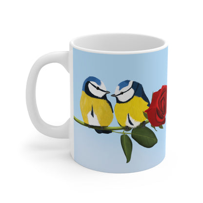 Blue Titmice on a Rose Valentine's Day Bird Ceramic Mug 11oz - jz.birds