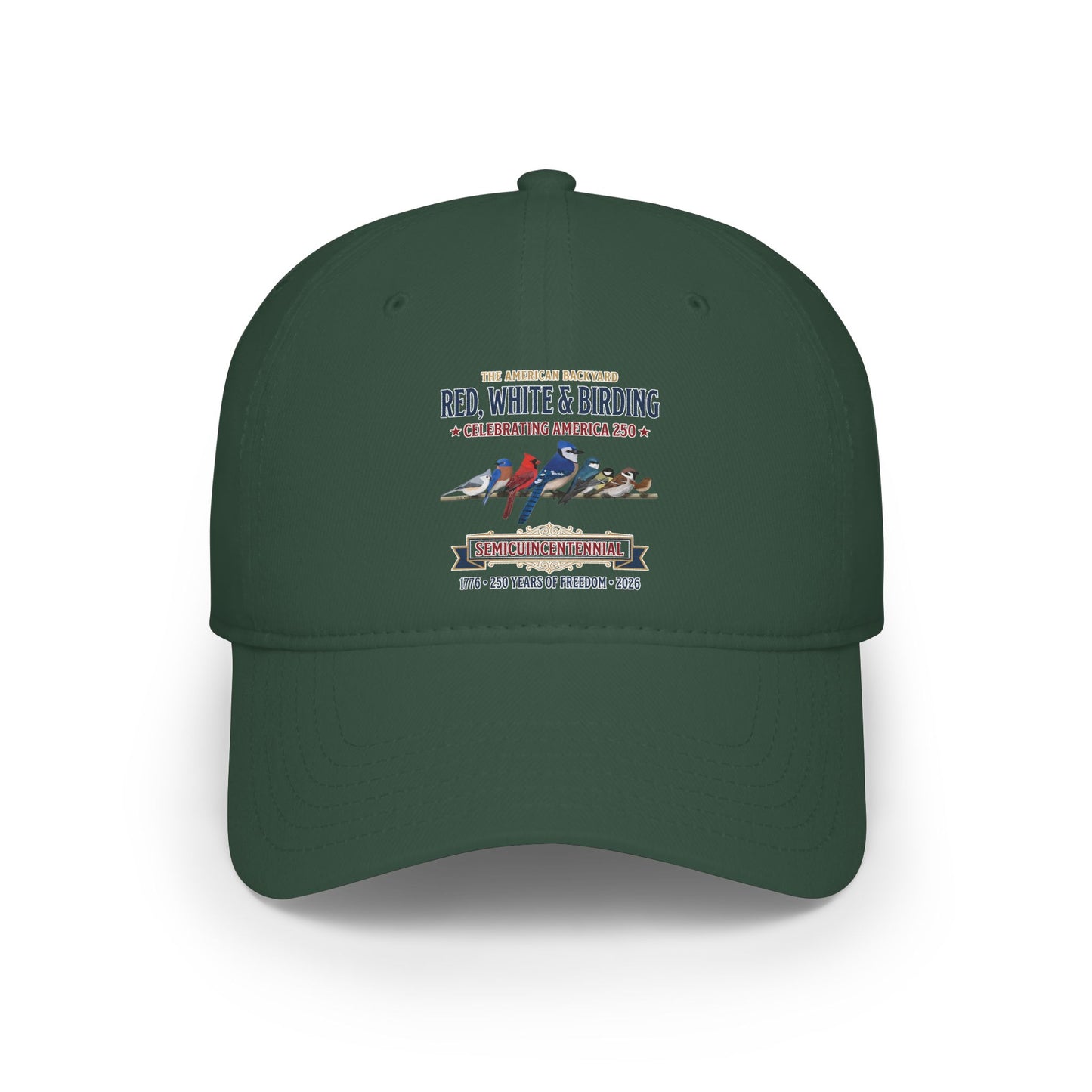 Red, White & Birding Branch Baseball Cap | Cardinal Blue Jay Bluebird USA 250 Edition | jz.birds