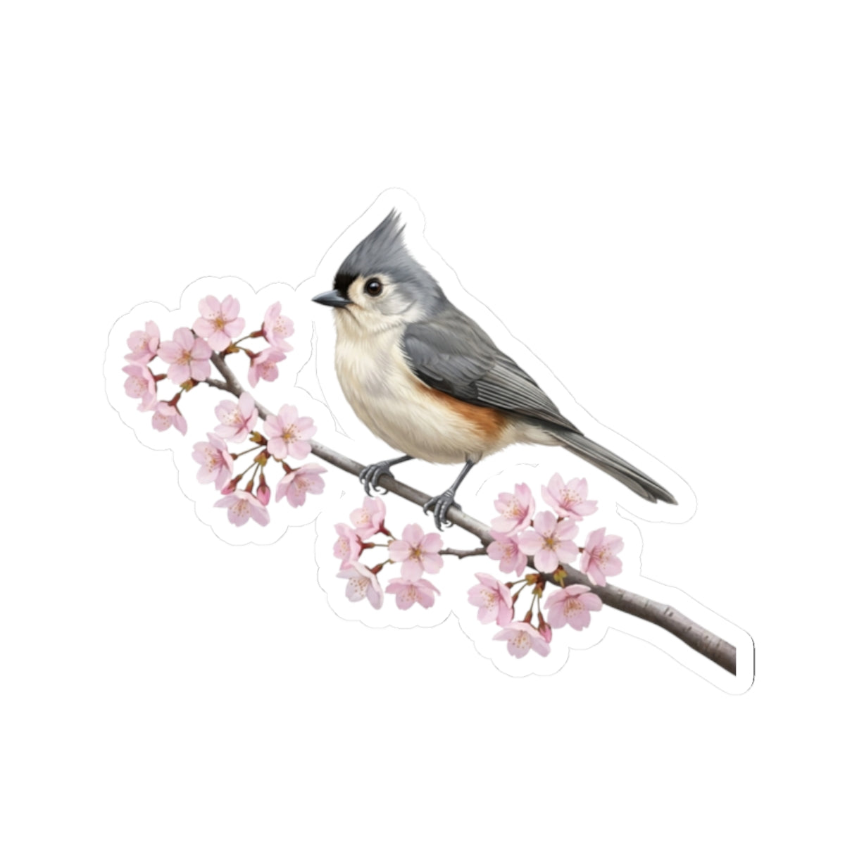 Tufted Titmouse Stickers – Cherry Blossom Sticker | Glossy Floral Bird Decal Spring Laptop