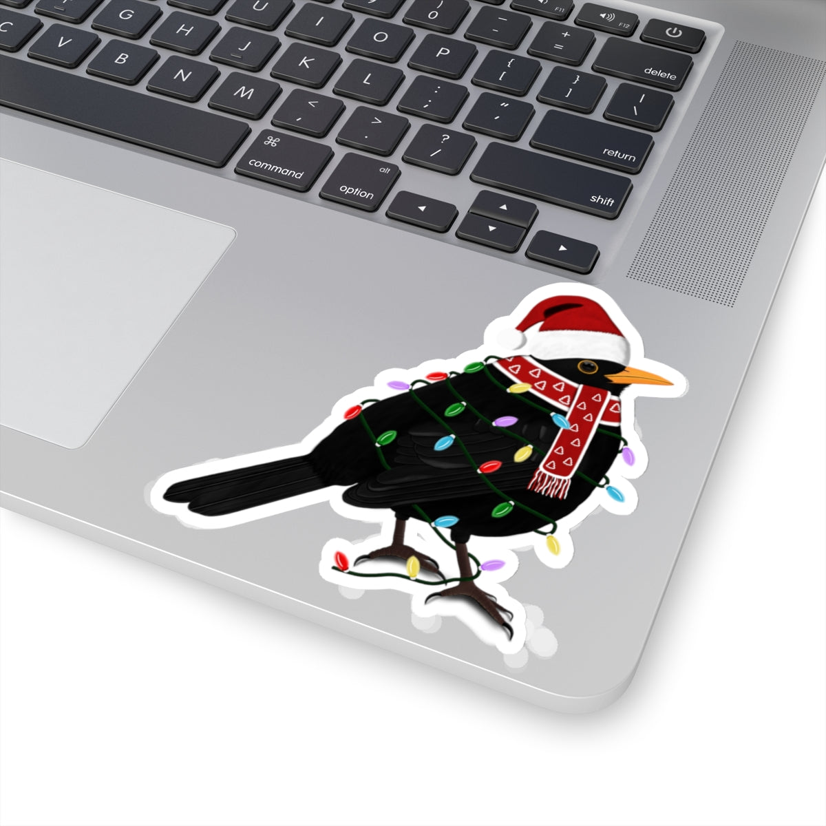 Blackbird with Fairy Lights Santa Claus Hat and Scarf Christmas Bird Sticker