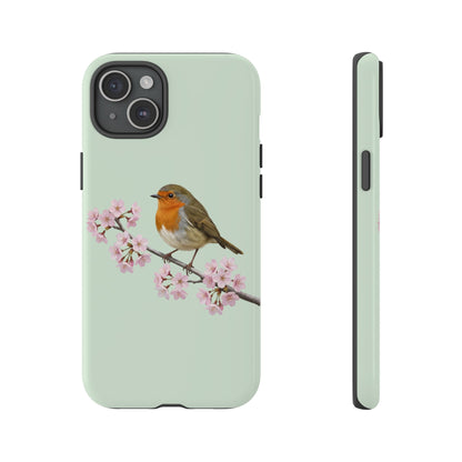 Rotkehlchen Handyhülle in Salbeigrün | Florales Kirschblüten Vogel-Motiv für iPhone & Google Pixel