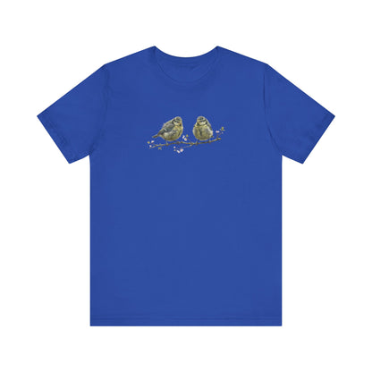 Blue Titmouse Fledgling T-Shirt | Spring Blossoms Unisex Graphic Tee for Bird Watchers