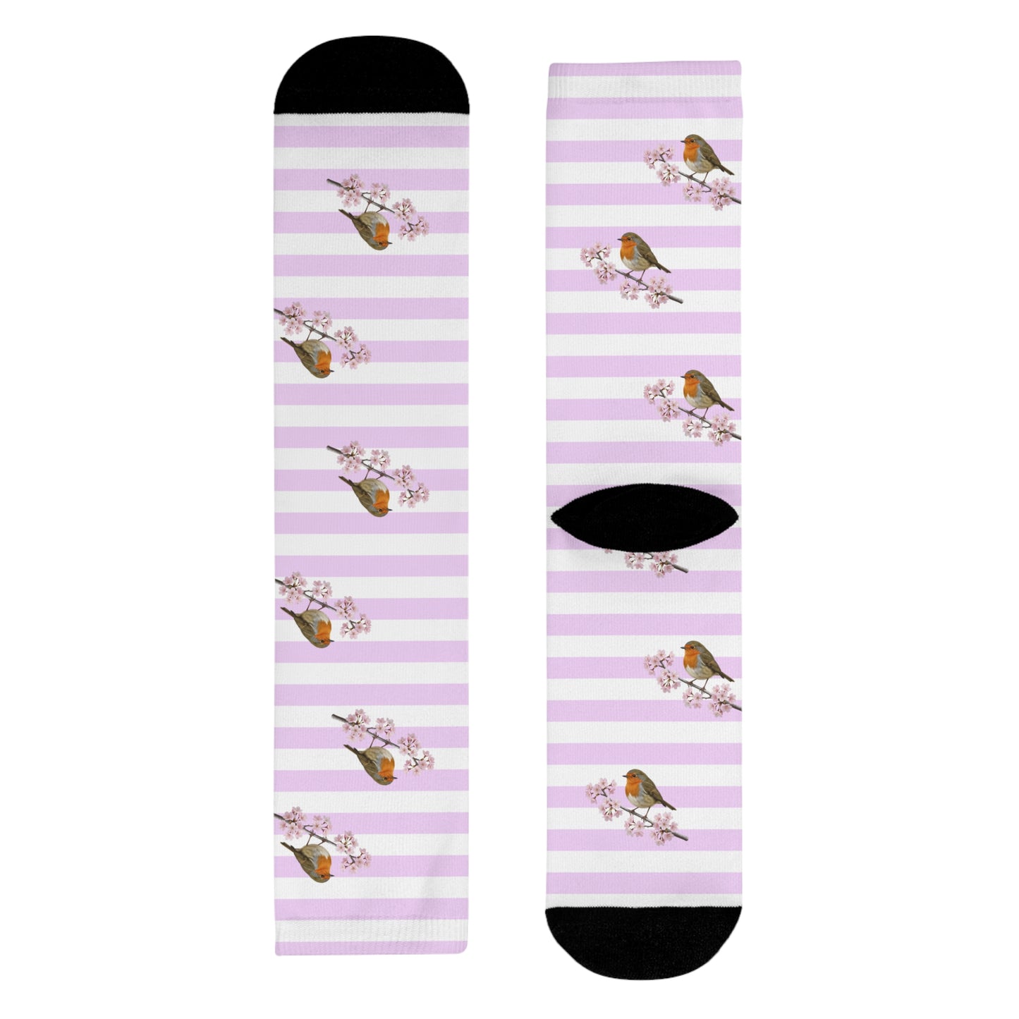 Chaussettes Rouge-Gorge avec fleurs de cerisier | Chaussettes rayées blanc et rose avec des motifs d'oiseaux