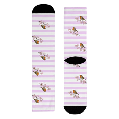 Chaussettes Rouge-Gorge avec fleurs de cerisier | Chaussettes rayées blanc et rose avec des motifs d'oiseaux
