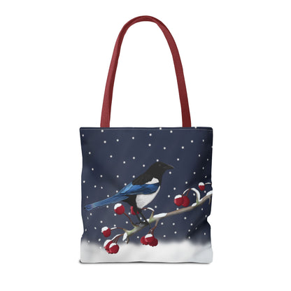 Magpie on a Winter Branch Christmas Bird Tote Bag 16"x16"