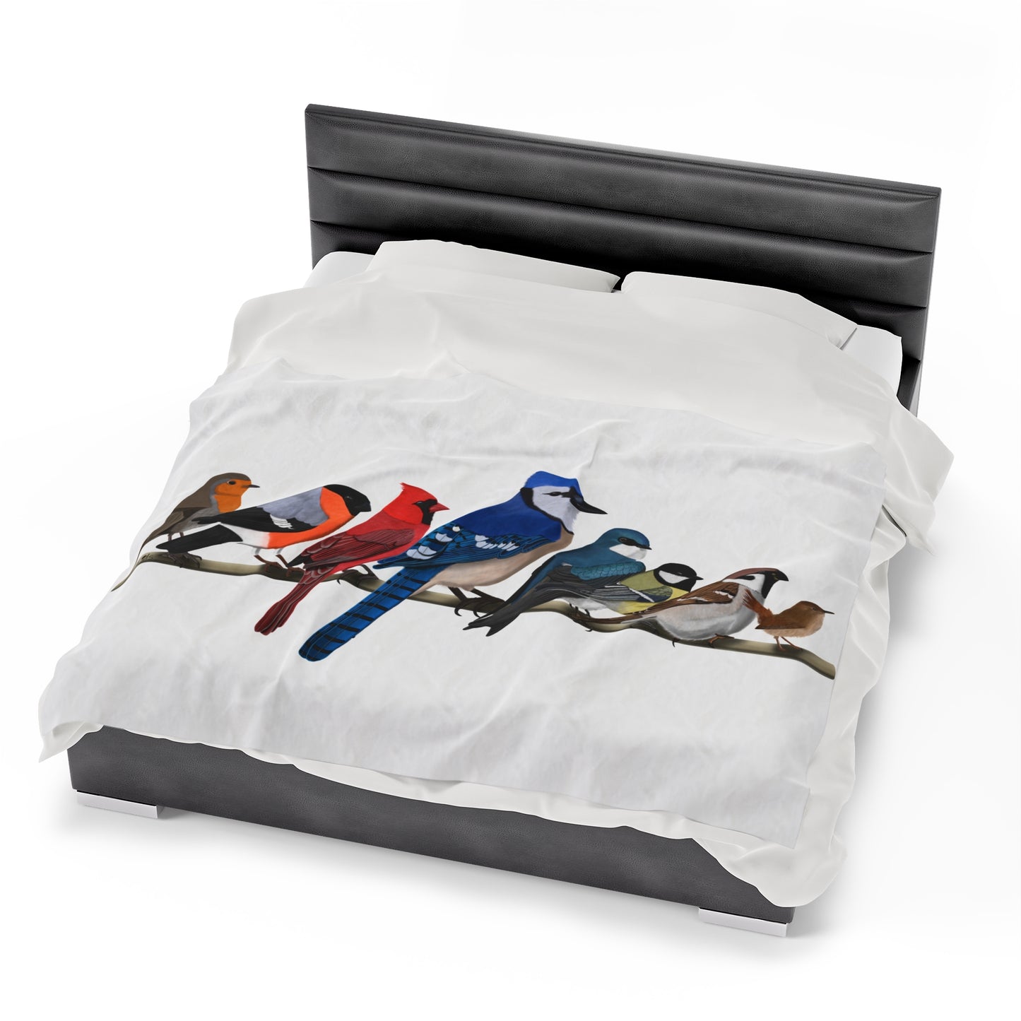 Blue Jay Cardinal Robin Bullfinch Backyard Birds on a Branch Velveteen Plush Blanket