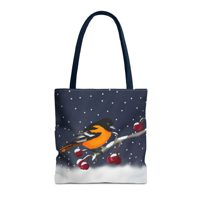 Baltimore Oriole on a Winter Branch Christmas Bird Tote Bag 16"x16"