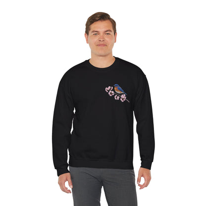 Bluebird Cherry Blossom Sweatshirt | Floral Bird Crewneck Cozy Spring Pullover – Animal Lover Gift,