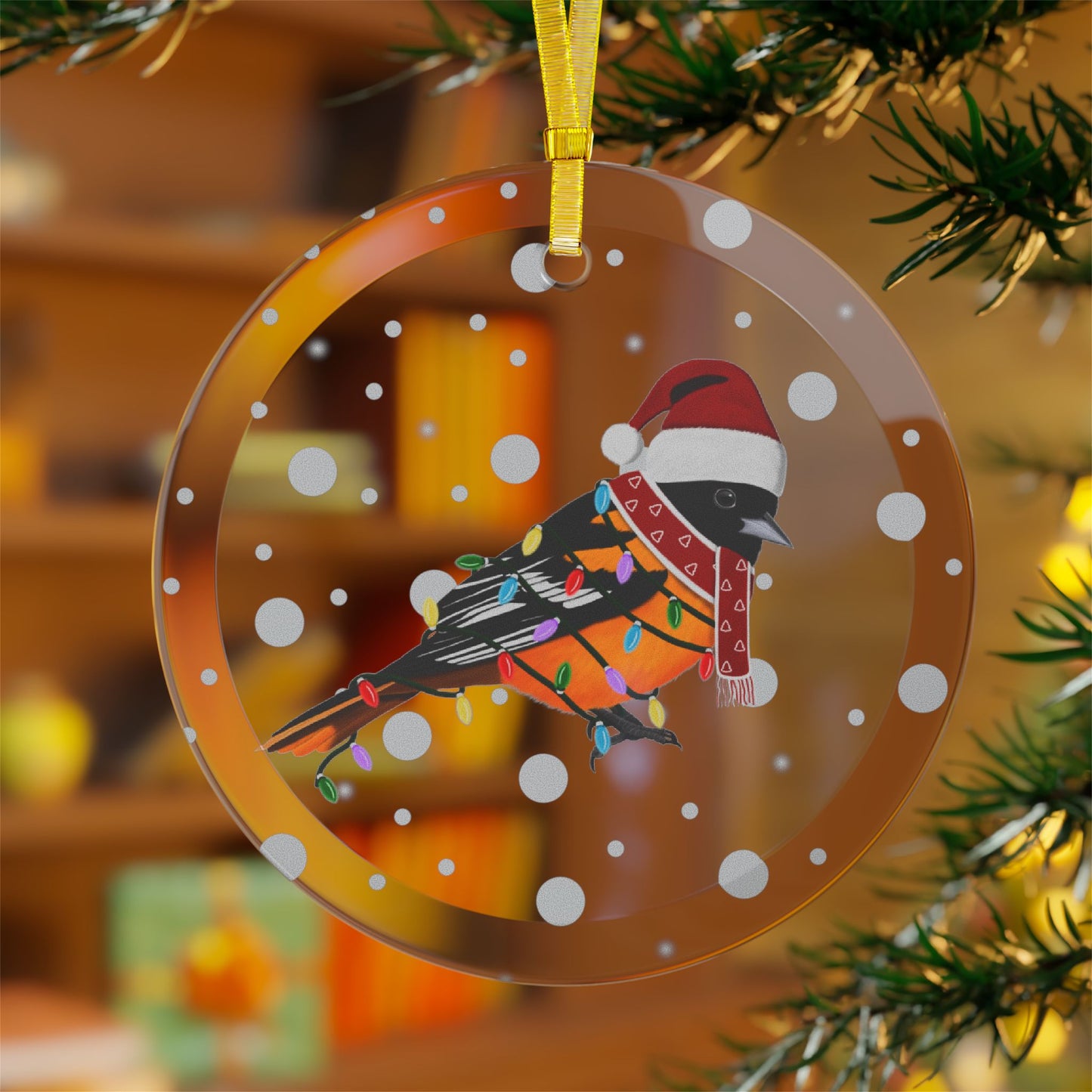 Baltimore Oriole as Santa Claus with Fairy Lights Christmas Glass Ornament