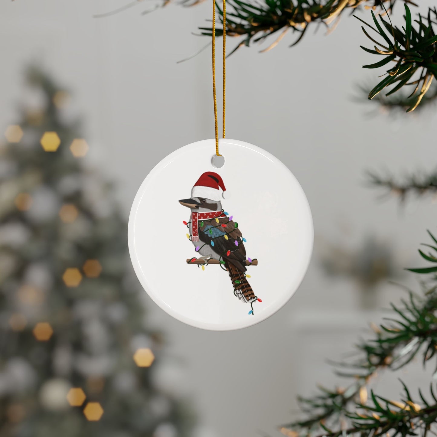 Kookaburra as Santa Ceramic Bird Christmas Ornament | Durable Double-Sided Bird Lover Decor