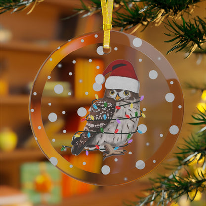 Owl as Santa Claus with Fairy Lights Christmas Glass Ornament