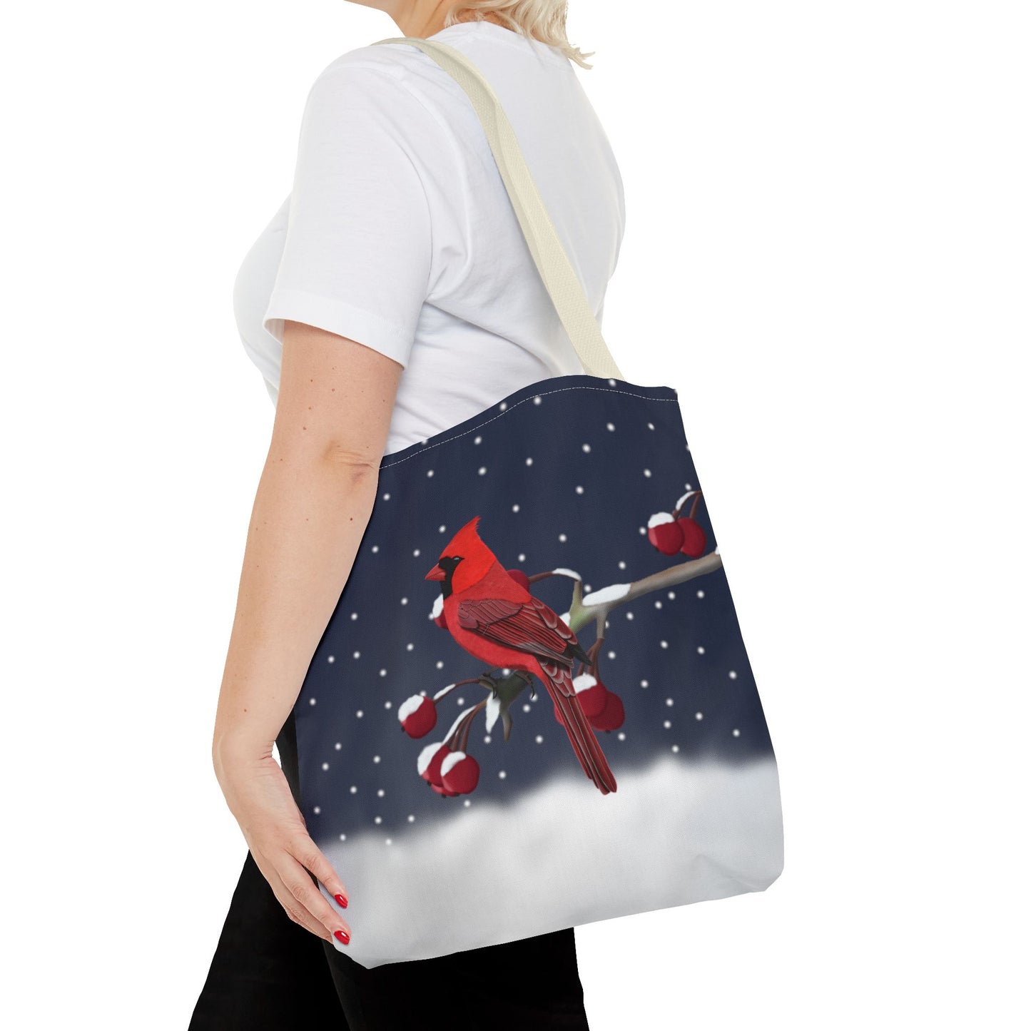 Cardinal on a Winter Branch Christmas Bird Tote Bag 16"x16"