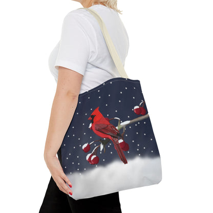 Cardinal on a Winter Branch Christmas Bird Tote Bag 16"x16"