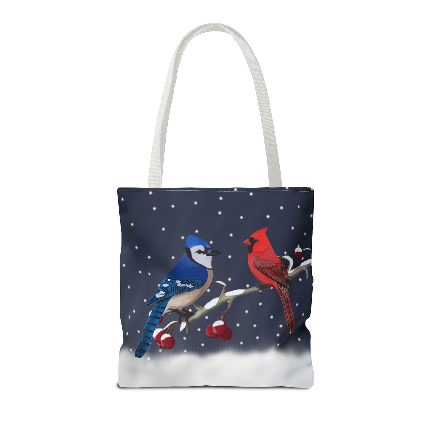 Blue jay and Cardinal on a Winter Branch Christmas Bird Tote Bag 16"x16"