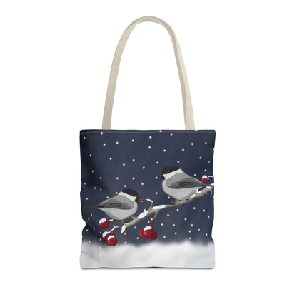 Willow Titmice on a Winter Branch Christmas Bird Tote Bag 16"x16"