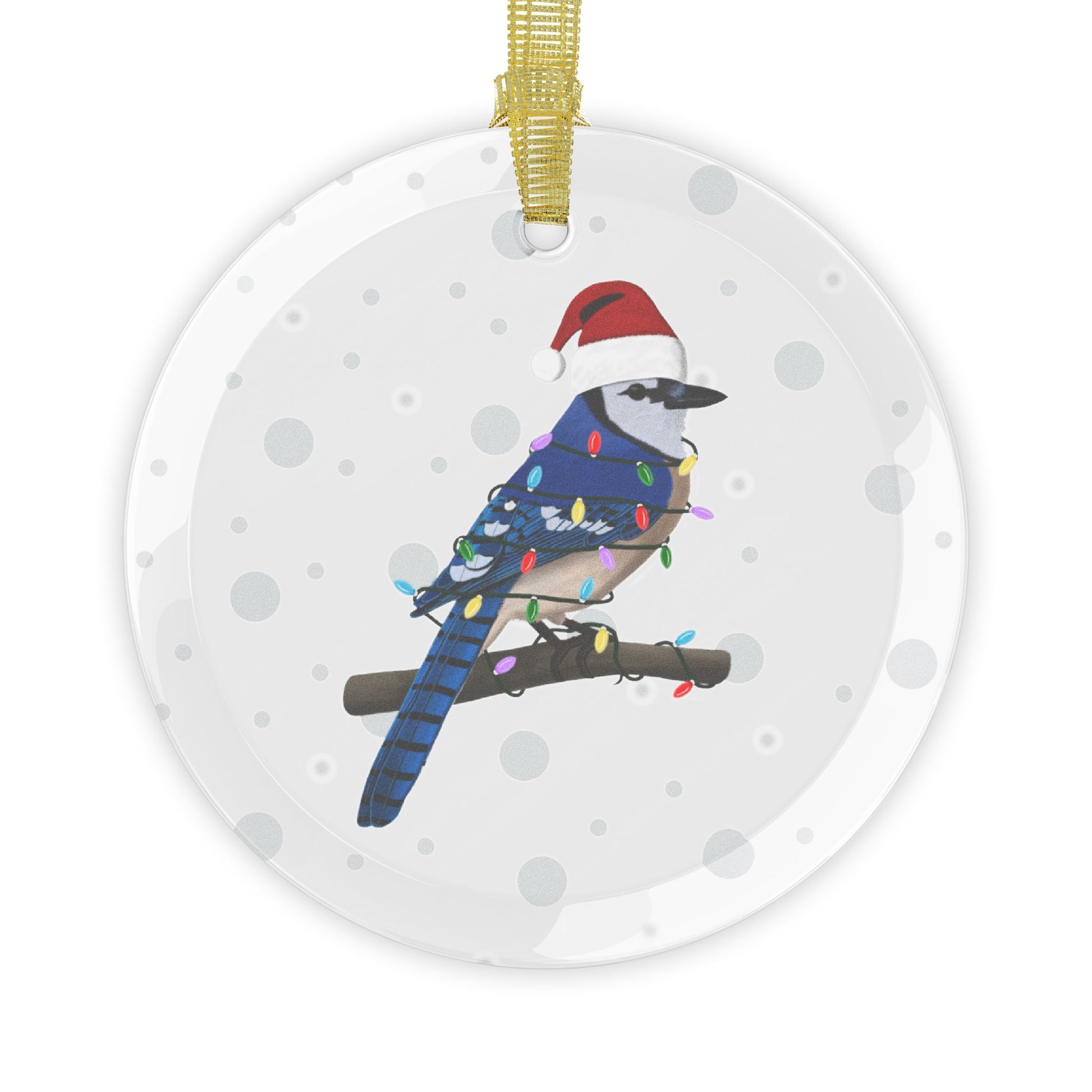 Blue Jay as Santa Claus with Fairy Lights Christmas Glass Ornament