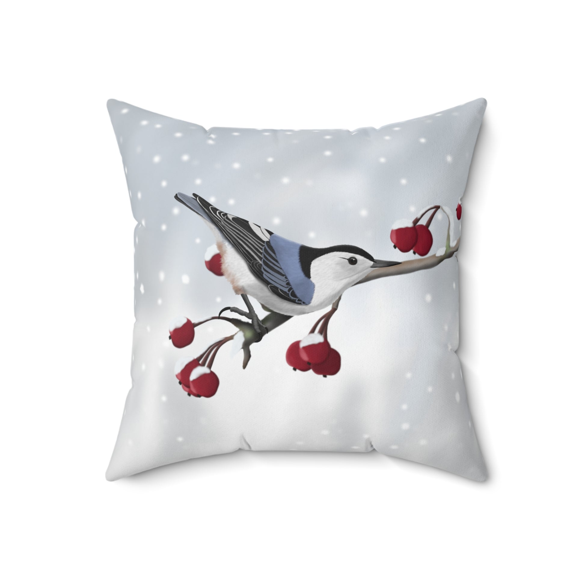 Nuthatch on a Winter Branch Bird Throw Pillow 18"x18"