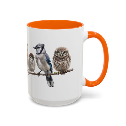 Blue Jay Cardinal Bluebird Little Owl Fledglings Two-Tone Mug | Spring Bird Lover Gift