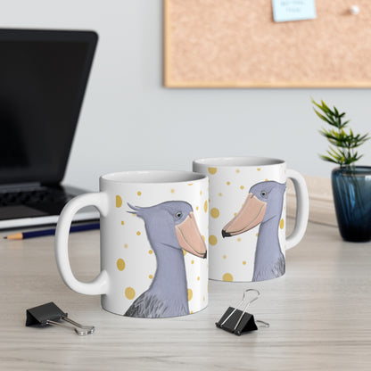 Shoebill Bird Ceramic Mug White Golden Dots 11oz