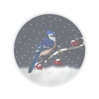 Blue Jay on a Winter Branch Christmas Bird Sticker