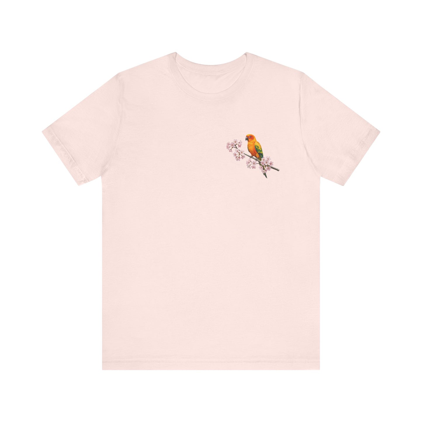 Sun Conure Cherry Blossom T-Shirt | Floral Spring Tee for Bird Lovers