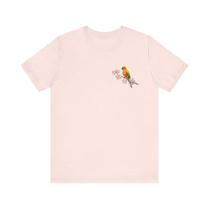 Sun Conure Cherry Blossom T-Shirt | Floral Spring Tee for Bird Lovers