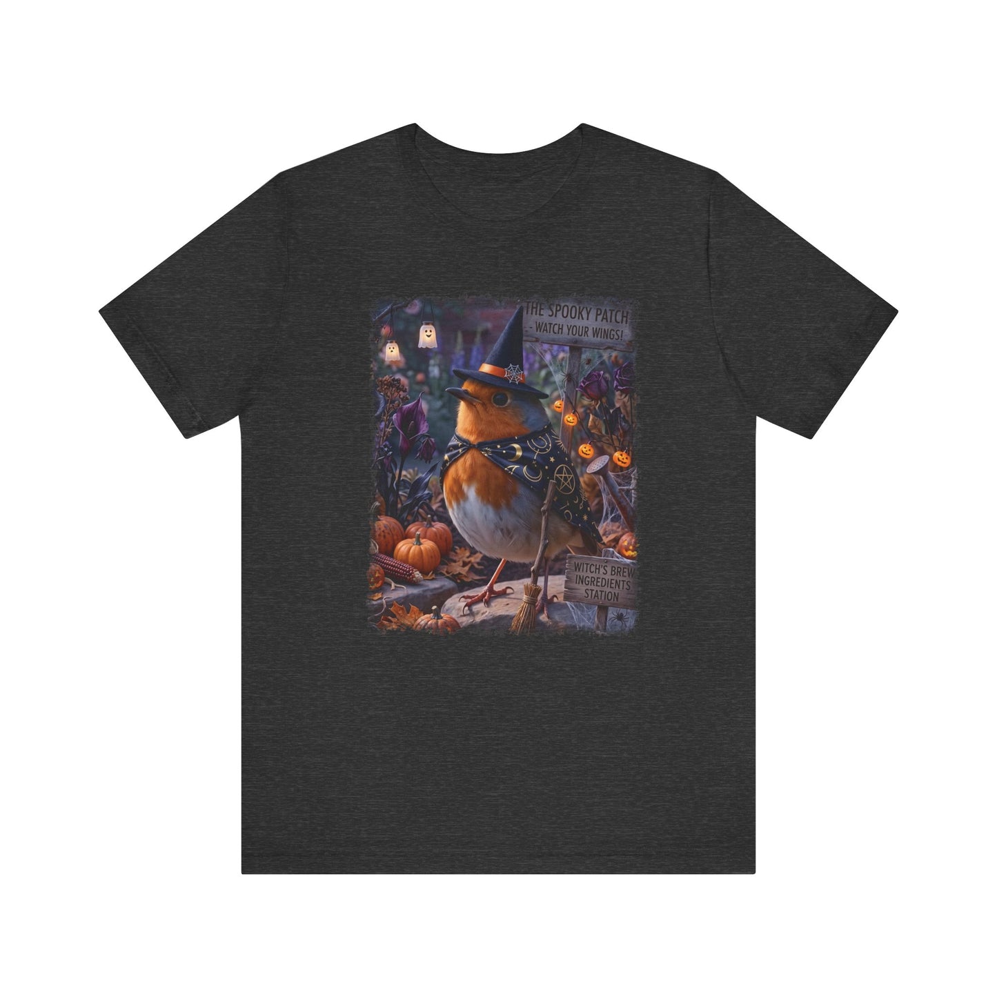 A dark heather gray short-sleeve t-shirt with a colorful graphic print of a robin wearing a witch hat surrounded by pumpkins and autumn foliage, displayed on a solid white background.