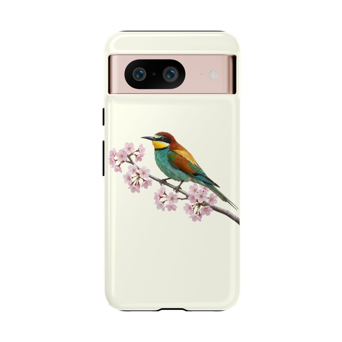 Bienenfresser Handyhülle in Cremeweiß | Florales Kirschblüten Vogel-Motiv für iPhone & Google Pixel