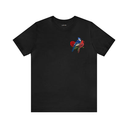 Blue Jay Cardinal on a Rose Valentine's Day Bird Unisex Tee