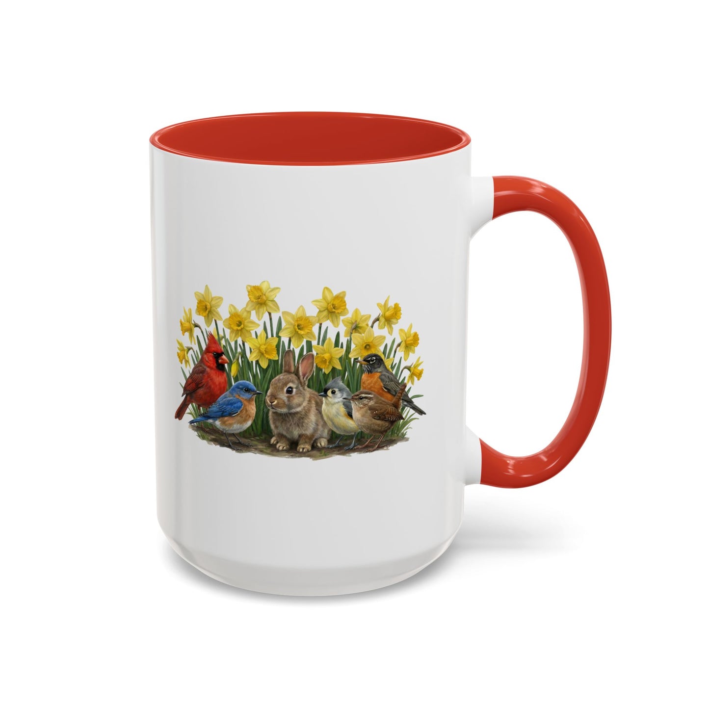 Spring Garden Coffee Mug – Cardinal, Bluebird & Bunny in Daffodils | Two-Tone Ceramic Cup (11oz & 15oz)