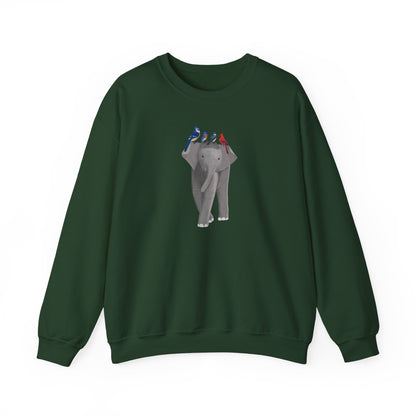 Elephant with Birds Cardinal Blue Jay Bluebird Tree Swallow Sweatshirt