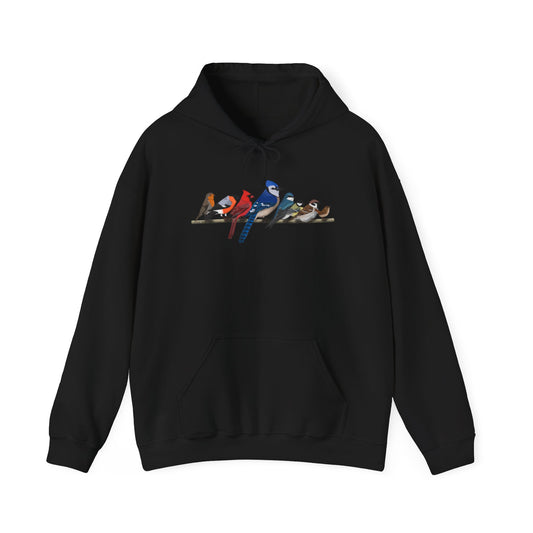 Garden Birds on a Branch Blue Jay Cardinal Bullfinch Hoodie