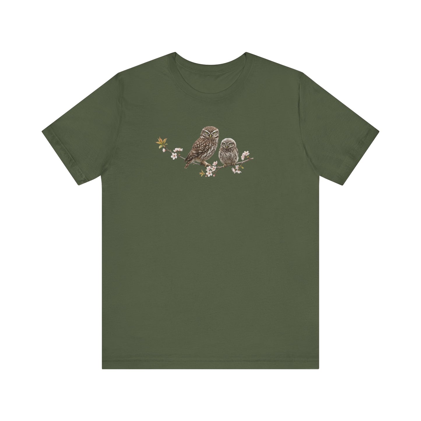 Eule Steinkauz & Jungvogel T-Shirt | Frühlingsblüten Vogelmotiv für Vogelbeobachter