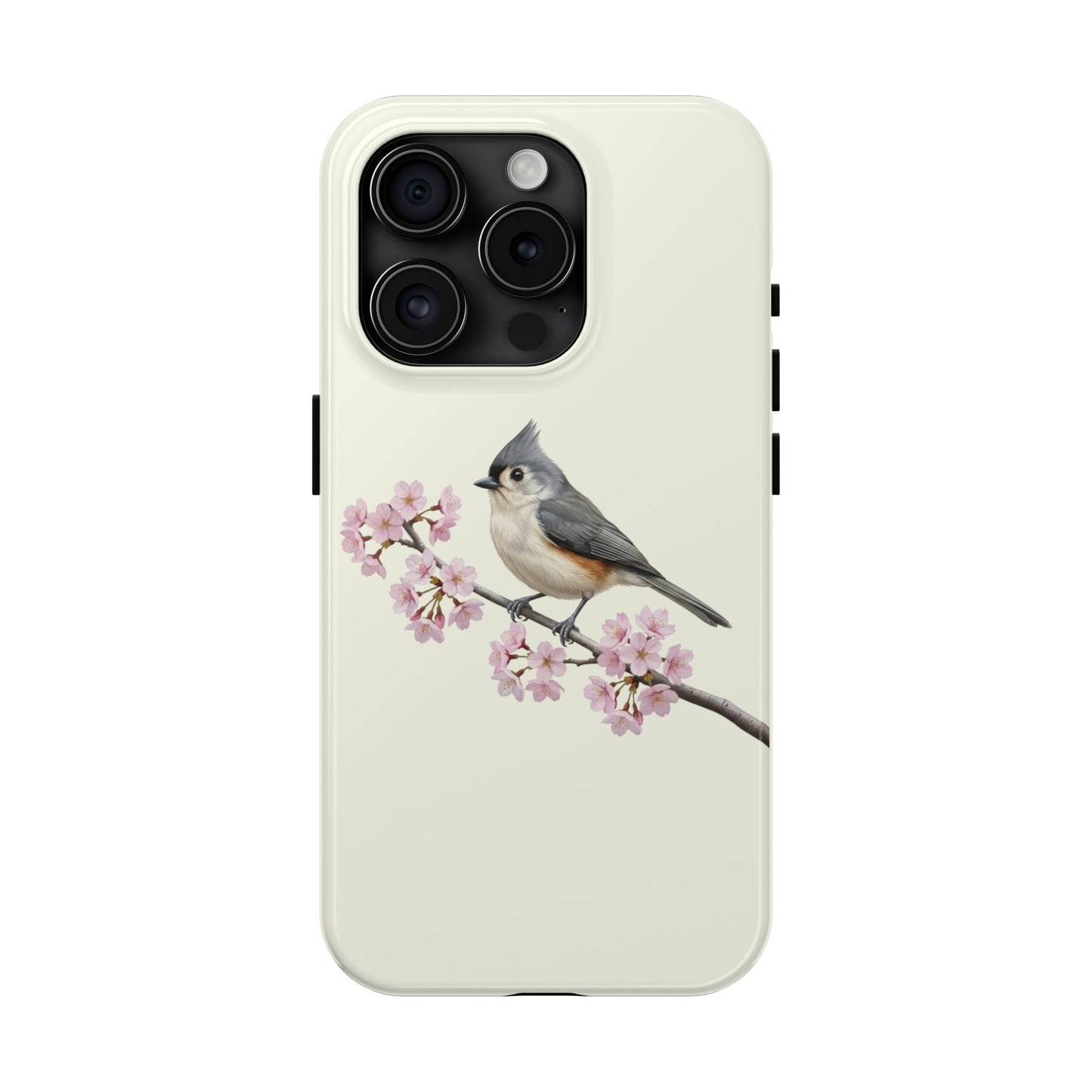 Tufted Titmouse & Cherry Blossom Tough iPhone Case Creamy White