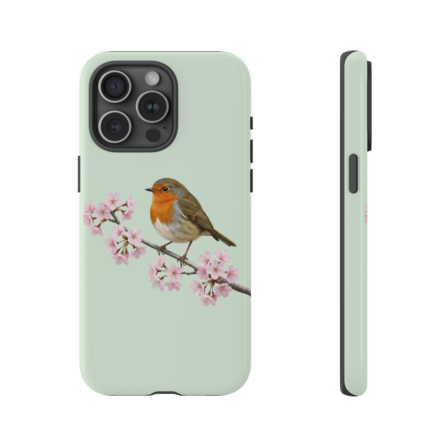 Rotkehlchen Handyhülle in Salbeigrün | Florales Kirschblüten Vogel-Motiv für iPhone & Google Pixel