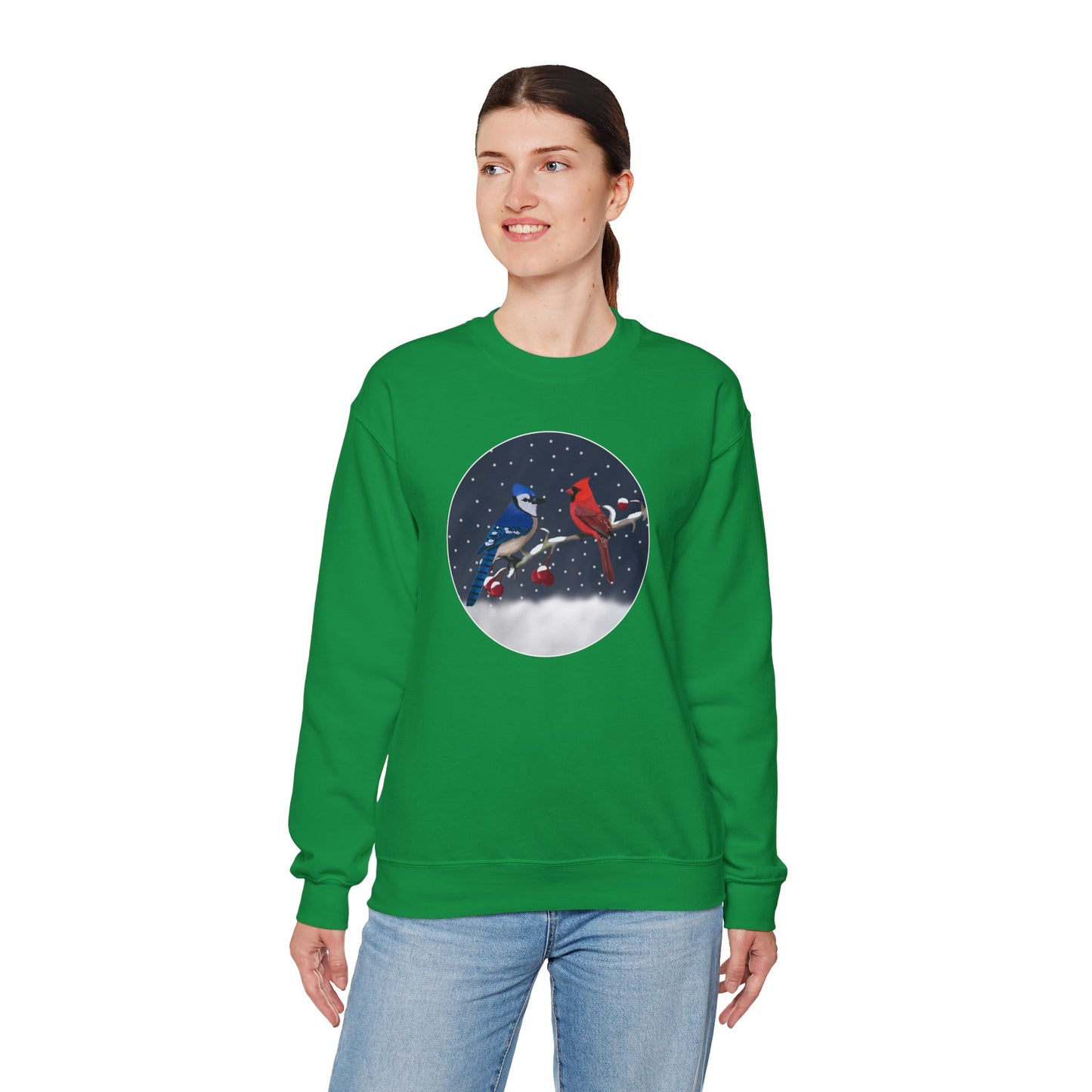 Blue Jay and Cardinal on a Winter Branch Christmas Bird Sweatshirt