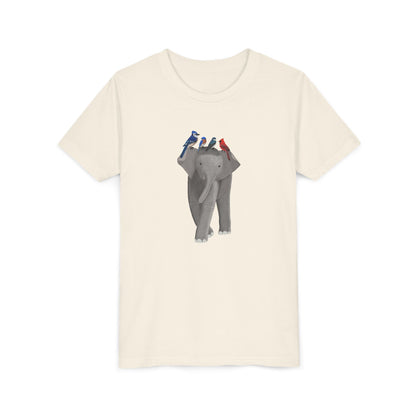 Elephant with Blue Jay Cardinal Bluebird Tree Swallow Bird Youth T-Shirt