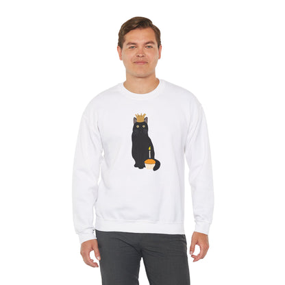 Black Birthday Cat with Muffin and Golden Crown Cat Lover Sweatshirt