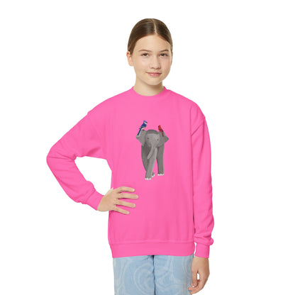 Elephant with Blue Jay and Cardinal Bird Youth Crewneck Sweatshirt